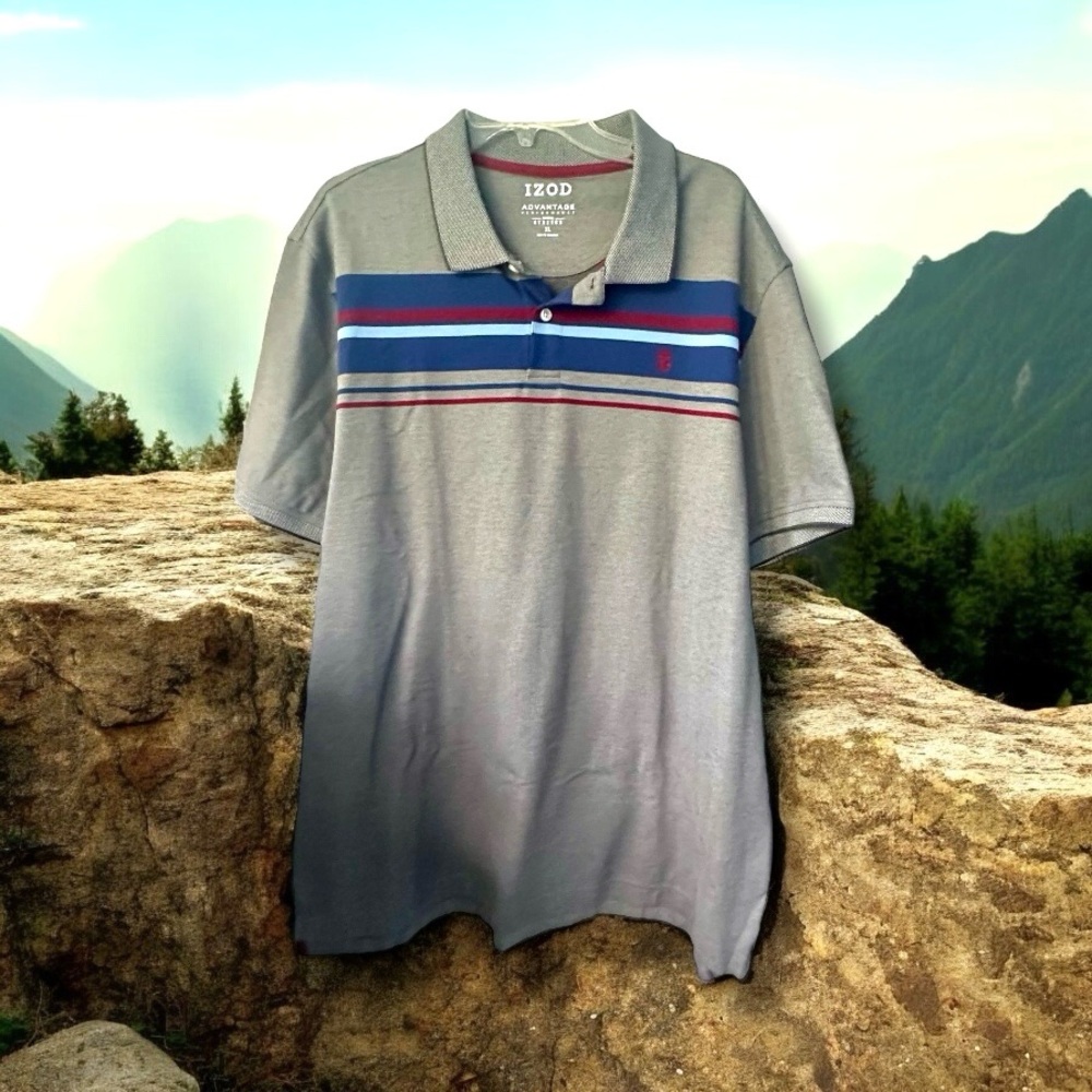 IZOD Gray Polo Shirt with Blue & Red Stripes XL - never worn